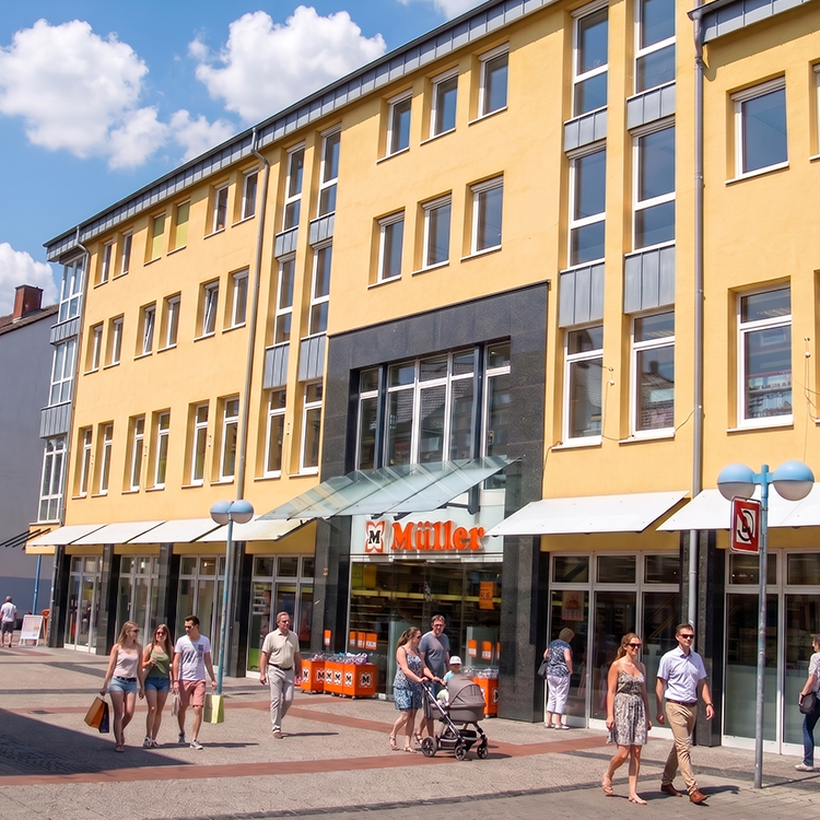 Zu sehen ist ein Immobilie in der Stadt Datteln (NRW) mit vier Stockwerken, im Erdgeschoss befindet sich eine Drogerie der Kette Müller, darüber befinden sich Wohnungen; ein Referenzobjekt der Firma unimo real estate concepts