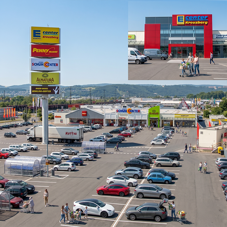 Zu sehen ist ein Nahversorgungszentrum in Koblenz (RP) mit vielen Parkmöglichkeiten und Geschäften wie Alnatura, Edeka, Penny und einem Schuhgeschäft; ein Referenzobjekt der Firma unimo real estate concepts