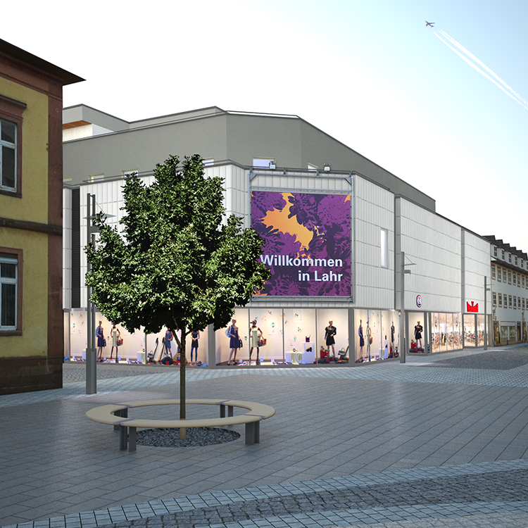 Zu sehen ist ein Einkaufszentrum in der Stadt Lahr (BaWü) mit Bekleidungsgeschäften; ein Referenzobjekt der Firma unimo real estate concepts