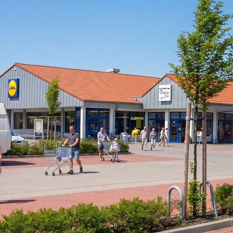 Zu sehen ist ein Nahversorgungszentrum in Sonsbeck (NRW) mit einem Lidl-Supermarkt; ein Referenzobjekt der Firma unimo real estate concepts
