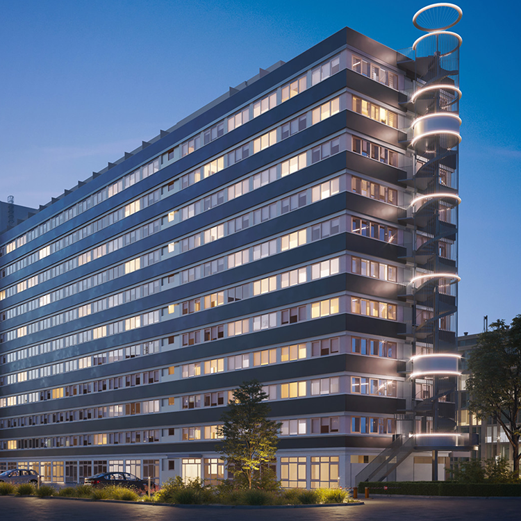 Zu sehen ist eine Mixed-use Immobilie in der Stadt Frankfurt (Hessen) mit 385 Apartments und gewerblicher Nutzung im Erdgeschoss – Gastronomie und Nahversorgung; ein Referenzobjekt der Firma unimo real estate concepts